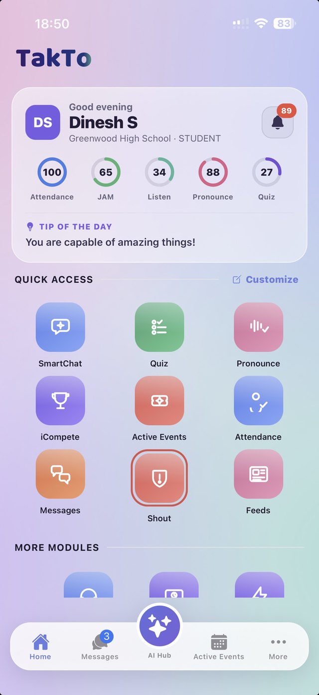 TakTo student home screen on iPhone — attendance, JAM, Listen, Pronounce and Quiz scores at a glance